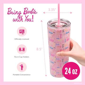 Dragon Glassware x Barbie Vacuum Insulated Tumbler with Lid and Straw - 24 oz Tumbler Cup with 2 Straws - Stainless Steel Cup for Water, Iced Tea - Shine Bright