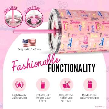 Dragon Glassware x Barbie Vacuum Insulated Tumbler with Lid and Straw - 24 oz Tumbler Cup with 2 Straws - Stainless Steel Cup for Water, Iced Tea - Shine Bright