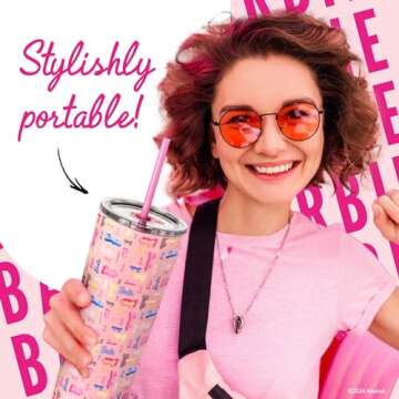 Dragon Glassware x Barbie Vacuum Insulated Tumbler with Lid and Straw - 24 oz Tumbler Cup with 2 Straws - Stainless Steel Cup for Water, Iced Tea - Shine Bright