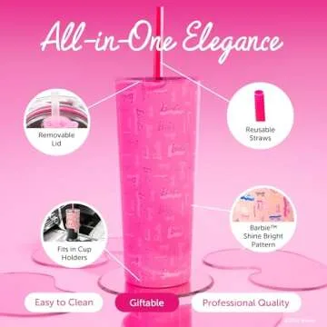 Dragon Glassware x Barbie Vacuum Insulated Tumbler with Lid and Straw - 24 oz Tumbler Cup with 2 Straws - Stainless Steel Cup for Water, Iced Tea - Shine Bright