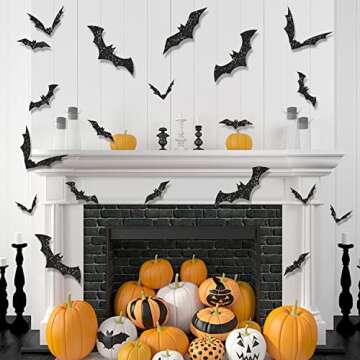 FOIMAS 144pcs Halloween Bat Wall Decor,3D Black Glitter Bats Wall Stickers Decal for Halloween Home Decoration Party Supply