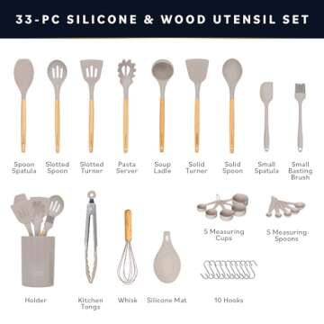 Home Hero 33 Pcs Kitchen Cooking Utensils Set, Non-Stick Silicone Cooking Kitchen Utensils Spatula Set with Holder, Wooden Handle Silicone Kitchen Gadgets Utensil Set (33 Pcs - Khaki)