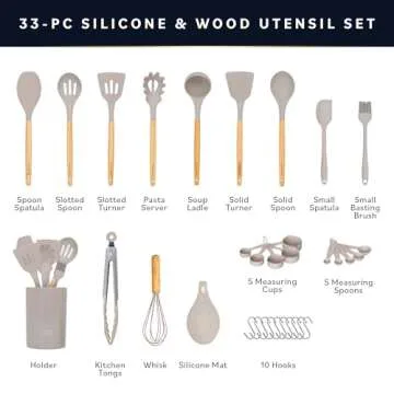 Home Hero 33 Pcs Kitchen Cooking Utensils Set, Non-Stick Silicone Cooking Kitchen Utensils Spatula Set with Holder, Wooden Handle Silicone Kitchen Gadgets Utensil Set (33 Pcs - Khaki)