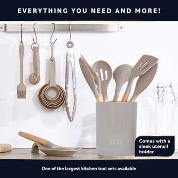 Home Hero 33 Pcs Kitchen Cooking Utensils Set, Non-Stick Silicone Cooking Kitchen Utensils Spatula Set with Holder, Wooden Handle Silicone Kitchen Gadgets Utensil Set (33 Pcs - Khaki)
