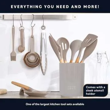 Home Hero 33 Pcs Kitchen Cooking Utensils Set, Non-Stick Silicone Cooking Kitchen Utensils Spatula Set with Holder, Wooden Handle Silicone Kitchen Gadgets Utensil Set (33 Pcs - Khaki)