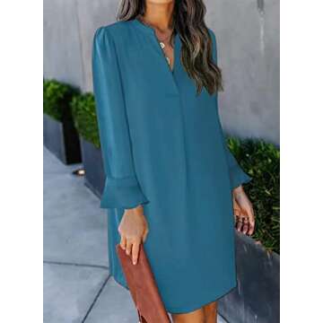 JOCAFIYE Summer Dresses for Women 2025 V Neck Dresses Casual Long Sleeve Shift Dresses Indigo M