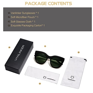 VANLINKER Trendy Polarized Cat Eye Sunglasses for Women Retro Oversized Sunnies Black Frame Green Lens