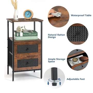 DOVAMY Rattan Nightstand with 2 Drawers for Small Spaces