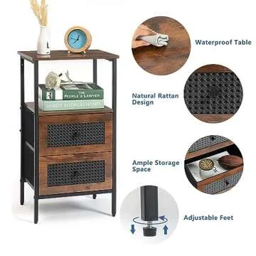 DOVAMY Rattan Nightstand with 2 Drawers for Small Spaces