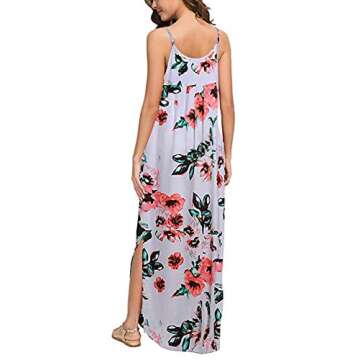 HUSKARY Women's Summer Casual Sleeveless V Neck Strappy Split Loose Dress Beach Cover Up Long Cami Maxi Dresses with Pocket White Flower
