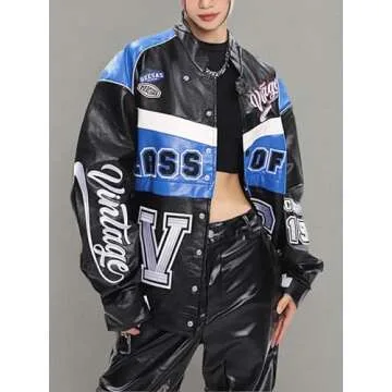 Vamtac Faux Leather Racing Jackets Varsity Bomber Coats Unisex Street With Pockets Black S
