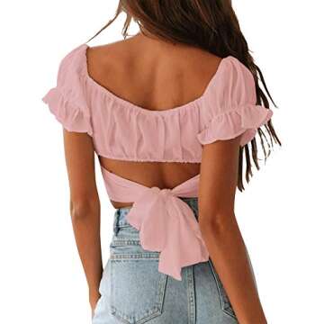 LYANER Women's Ruffle Short Sleeve Tie Up Back Crop Top Off Shoulder Bardot Blouse Baby Pink Small