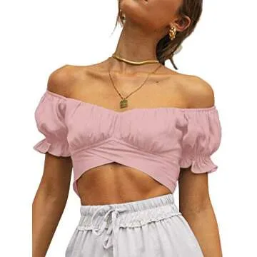 LYANER Women's Ruffle Short Sleeve Tie Up Back Crop Top Off Shoulder Bardot Blouse Baby Pink Small
