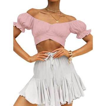 LYANER Women's Ruffle Short Sleeve Tie Up Back Crop Top Off Shoulder Bardot Blouse Baby Pink Small