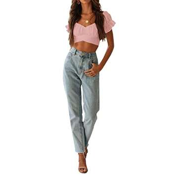 LYANER Women's Ruffle Short Sleeve Tie Up Back Crop Top Off Shoulder Bardot Blouse Baby Pink Small