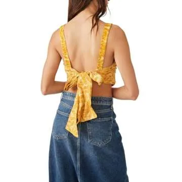Free People All Tied Up Women’s Tank Top for Summer – Square Neckline – Strappy Sleeves – Tie-up Back Yellow Combo LG (Women's 12) One Size
