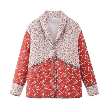 Omoone Women's Cropped Floral Quilted Jacket Cardigan Printed Lightweight Open Front Padded Winter Puffer Coat(Red-S)