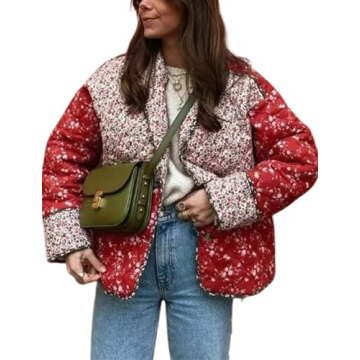 Omoone Women's Cropped Floral Quilted Jacket Cardigan Printed Lightweight Open Front Padded Winter Puffer Coat(Red-S)