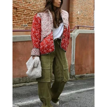 Omoone Women's Cropped Floral Quilted Jacket Cardigan Printed Lightweight Open Front Padded Winter Puffer Coat(Red-S)