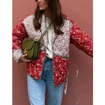 Omoone Women's Cropped Floral Quilted Jacket Cardigan Printed Lightweight Open Front Padded Winter Puffer Coat(Red-S)