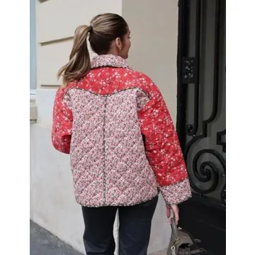 Omoone Women's Cropped Floral Quilted Jacket Cardigan Printed Lightweight Open Front Padded Winter Puffer Coat(Red-S)