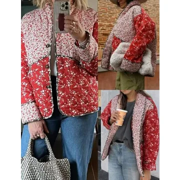 Omoone Women's Cropped Floral Quilted Jacket Cardigan Printed Lightweight Open Front Padded Winter Puffer Coat(Red-S)