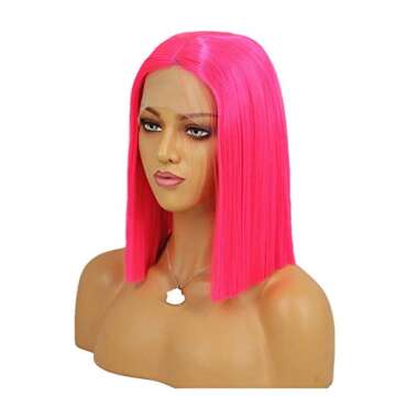 Zhangxiuzhu Pink 12 Inch Short Bob Synthetic Hair Wigs 150 Density Short Straight Hair Lace Frontal ...