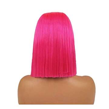 Zhangxiuzhu Pink 12 Inch Short Bob Synthetic Hair Wigs 150 Density Short Straight Hair Lace Frontal Wig For Black Women With Baby Hair Bleached Knots (12 Inch/lace frontal wig, Pink)