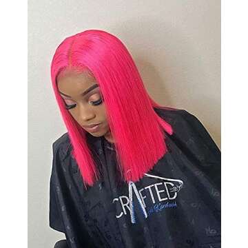 Zhangxiuzhu Pink 12 Inch Short Bob Synthetic Hair Wigs 150 Density Short Straight Hair Lace Frontal Wig For Black Women With Baby Hair Bleached Knots (12 Inch/lace frontal wig, Pink)