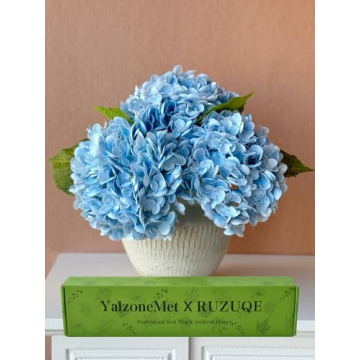 YalzoneMet 3 Pcs 21’’ Graduated Blue Artificial Hydrangea Real Looking Lifelike Real Touch Faux Long Stem Big Hydrangea for Home Party Outdoor Christmas Decor Table Centerpiece