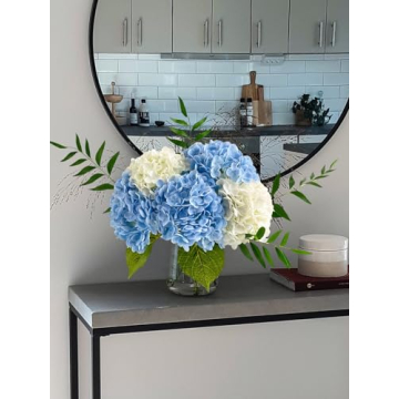 YalzoneMet 3 Pcs 21’’ Graduated Blue Artificial Hydrangea Real Looking Lifelike Real Touch Faux Long Stem Big Hydrangea for Home Party Outdoor Christmas Decor Table Centerpiece
