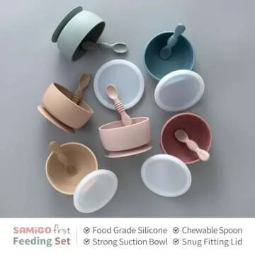 SAMiGO Silicone Baby Bowl and Spoon Set with Suction and Lid, First Stage Self Feeding Essentials, Food Bowl for 6+ Months