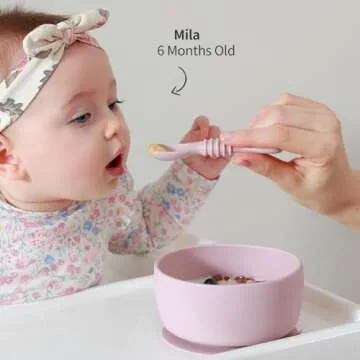 SAMiGO Silicone Baby Bowl and Spoon Set with Suction and Lid, First Stage Self Feeding Essentials, Food Bowl for 6+ Months