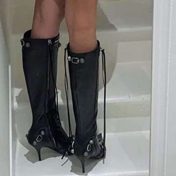 Oiamenne Knee High Boots for Women Fashion Slide Zipper Pointed Toe Stiletto Studded High Heel Rivets Tassel Boots Party Dress Shoes