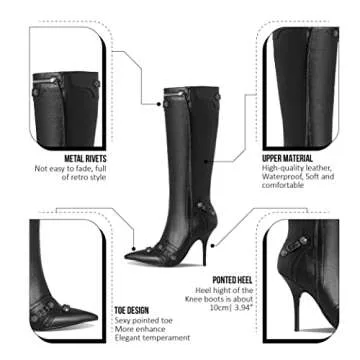 Oiamenne Knee High Boots for Women Fashion Slide Zipper Pointed Toe Stiletto Studded High Heel Rivets Tassel Boots Party Dress Shoes