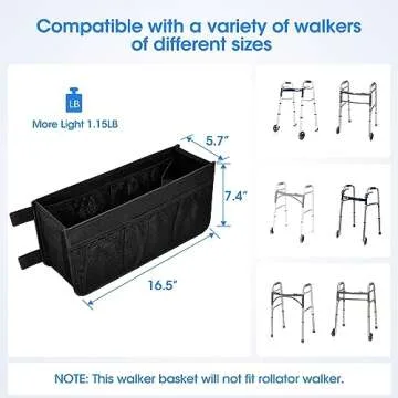 Upgrade Dotday Walker Basket Walker Bag Water Cup Holder, Foldable Walker Storage Bag with Big Capacity & Never Tipping Over, Best Gift for Family - Black (Not Fit Rollator Walkers)