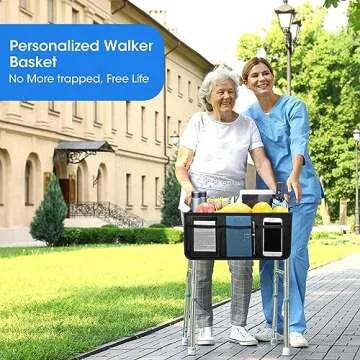 Upgrade Dotday Walker Basket Walker Bag Water Cup Holder, Foldable Walker Storage Bag with Big Capacity & Never Tipping Over, Best Gift for Family - Black (Not Fit Rollator Walkers)