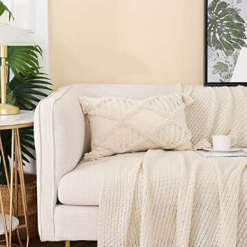 Boho Rectangle Throw Pillow Cover Tufted Decorative Pillow Cover for Couch Bed Small Lumbar 12x20 Pillow Cover, Modern Accent Farmhouse Neutral Throw Pillow Case with Tassels, Cream 1Pc, Beige