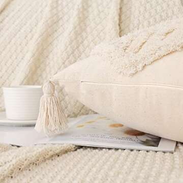 Boho Rectangle Throw Pillow Cover Tufted Decorative Pillow Cover for Couch Bed Small Lumbar 12x20 Pillow Cover, Modern Accent Farmhouse Neutral Throw Pillow Case with Tassels, Cream 1Pc, Beige