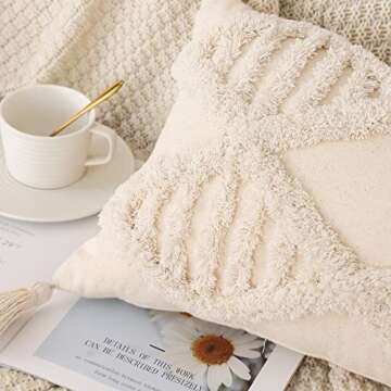 Boho Rectangle Throw Pillow Cover Tufted Decorative Pillow Cover for Couch Bed Small Lumbar 12x20 Pillow Cover, Modern Accent Farmhouse Neutral Throw Pillow Case with Tassels, Cream 1Pc, Beige