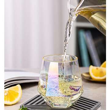 XKXKKE Diamond Wine Glasses Set of 4, 10 OZ Stemless Gold Rim Glass Cups