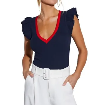 Sleeveless Shirt Women's Ruffle Sleeve Tops Deep V Neck Blouse Casual Ribbed Knit Tank Top Short Sli...