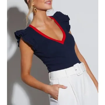 Sleeveless Shirt Women's Ruffle Sleeve Tops Deep V Neck Blouse Casual Ribbed Knit Tank Top Short Slim Fitted Basic Work Large Navy Blue