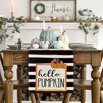 Artoid Mode Watercolor Stripes Hello Pumpkin Thanksgiving Table Runner, Seasonal Fall Harvest Vintag...