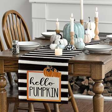 Artoid Mode Watercolor Stripes Hello Pumpkin Thanksgiving Table Runner, Seasonal Fall Harvest Vintage Kitchen Dining Table Decoration for Indoor Outdoor Home Party Decor 13 x 72 Inch