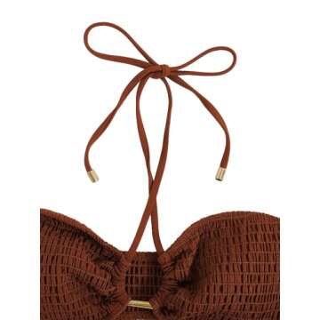 SweatyRocks Women's 2 Piece Bathing Suit Ribbed Tie Side Halter Bikini Swimsuit Dark Brown Small