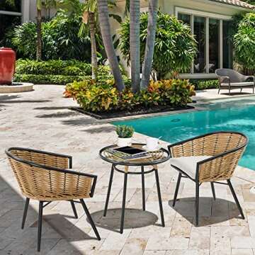 Outsunny 3 Piece Patio Set, Outdoor Bistro Furniture, PE Rattan Wicker Table and Chairs, Cushioned, ...