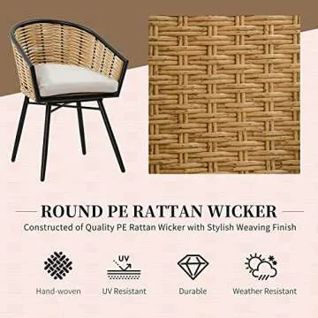 Outsunny 3 Piece Patio Set, Outdoor Bistro Furniture, PE Rattan Wicker Table and Chairs, Cushioned, Hand Woven, Barrel-Style with Tempered Glass for Garden, Porch, Pool, Backyard, Cream White