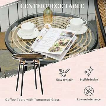 Outsunny 3 Piece Patio Set, Outdoor Bistro Furniture, PE Rattan Wicker Table and Chairs, Cushioned, Hand Woven, Barrel-Style with Tempered Glass for Garden, Porch, Pool, Backyard, Cream White