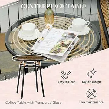 Outsunny 3 Piece Patio Set, Outdoor Bistro Furniture, PE Rattan Wicker Table and Chairs, Cushioned, Hand Woven, Barrel-Style with Tempered Glass for Garden, Porch, Pool, Backyard, Cream White